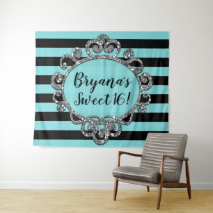 Tenture Fond de fête d'anniversaire rayé argent noir Aqua