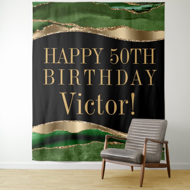 Tenture Fond de fête d'anniversaire vert émeraude doré pou (En situation)