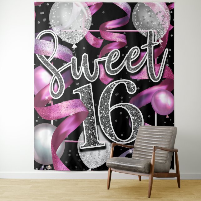 Tenture Fond de fête Sweet 16 pailleté argent noir rose (En situation)