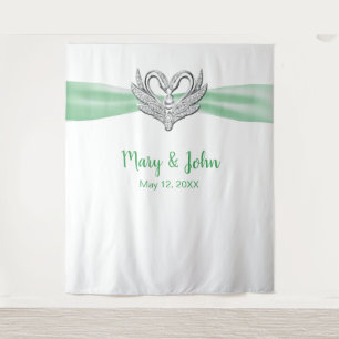 Tenture Fond de mariage Cygnes Argent Ruban Vert