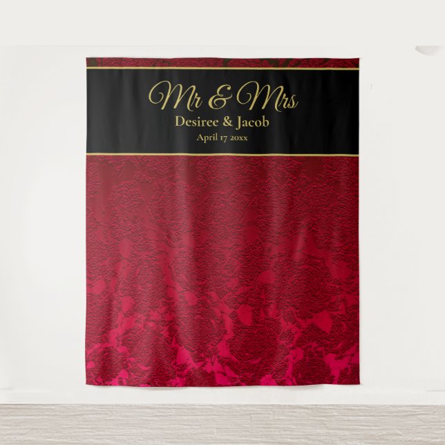 Tenture Fond de mariage de Noël d'hiver rouge or noir (Devant)