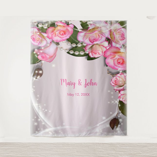 Tenture Fond de mariage élégant avec roses roses et perles (Devant)