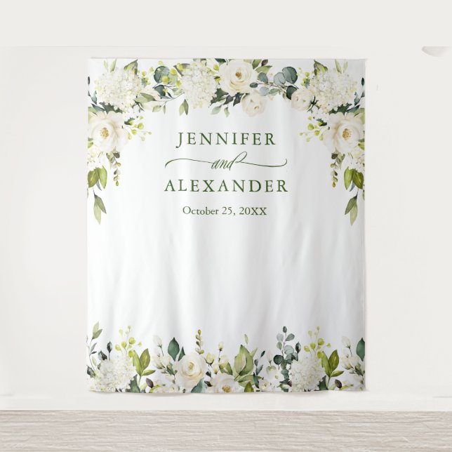 Tenture Fond de mariage élégant eucalyptus roses blanches (Devant)