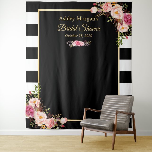 Tenture Fond de mariage floral rayures noir et blanc (En situation)