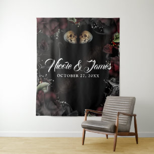 Tenture Fond de mariage Roses rouges noires Crânes gothiqu