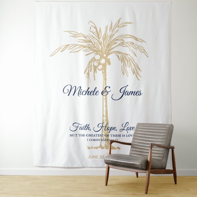 Tenture Fond de mariage tropical Arbre à Palmes Or Bleu Ma (En situation)