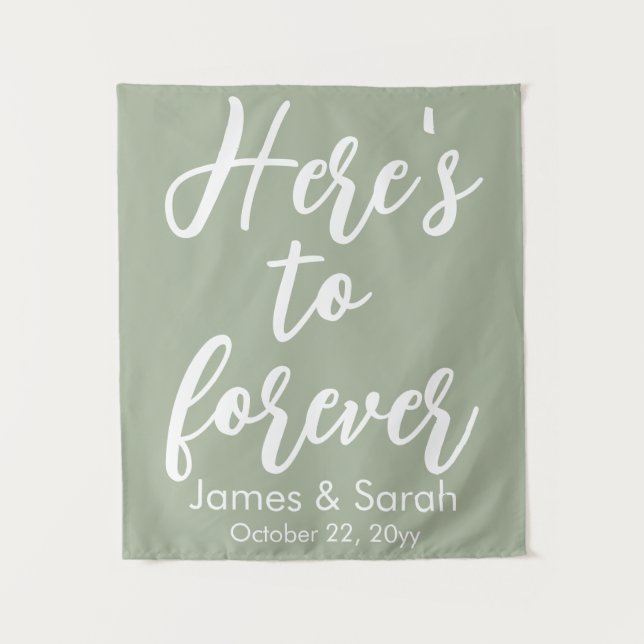 Tenture Fond de mariage vert sauge Voici pour toujours Pro (Devant)