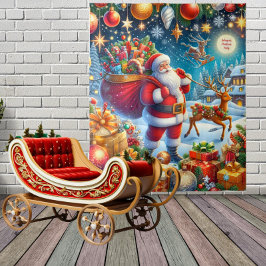 Tenture Fond de Noël avec Père Noël et rennes