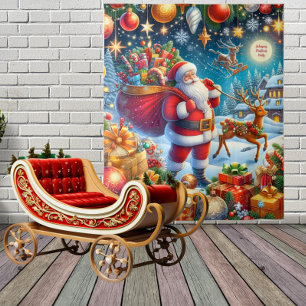 Tenture Fond de Noël avec Père Noël et rennes