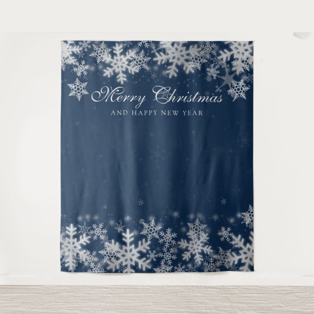 Tenture Fond de Noël Fêtes Flocons d'Argent Bleu Marine (Devant)