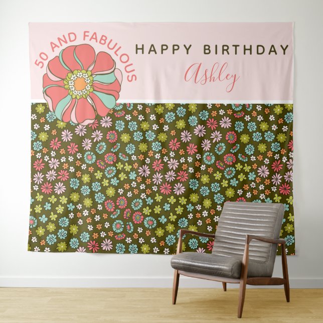 Tenture Fond de photo d'anniversaire fleuri rose Groovy (En situation (horizontale))