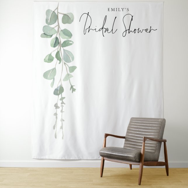 Tenture Fond de photo de Baby Shower avec nom Eucalyptus (En situation)