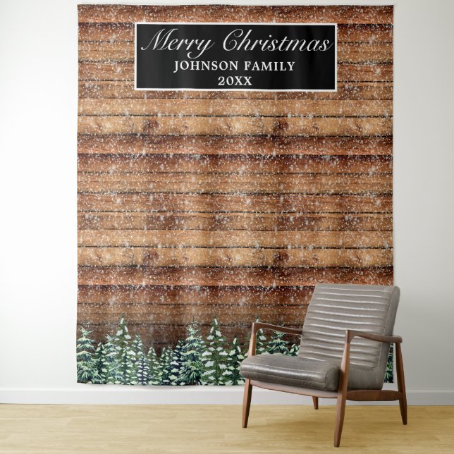 Tenture Fond de photo de forêt enneigée Joyeux Noël (En situation)