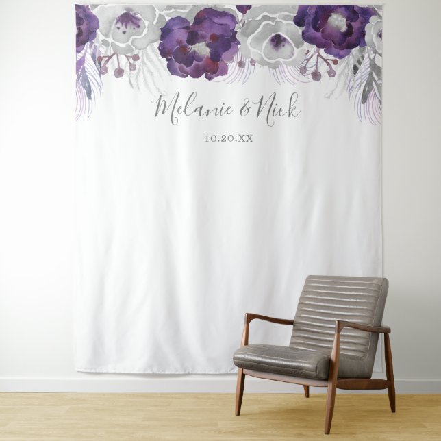 Tenture Fond de photo de mariage floral argenté violet (En situation)