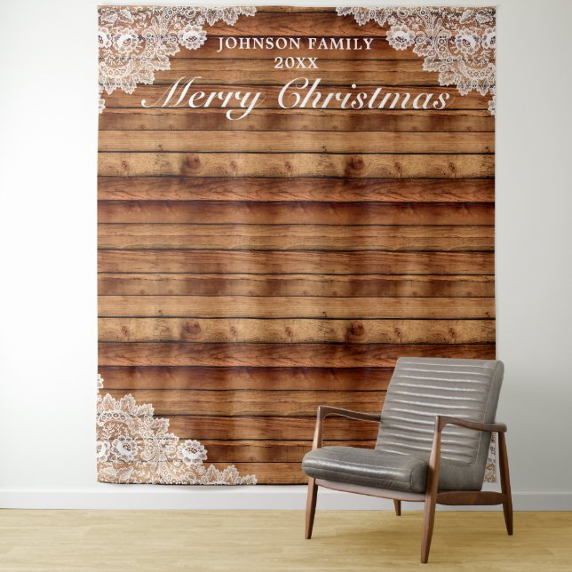 Tenture Fond de photo de Noël en bois rustique et dentelle (En situation)