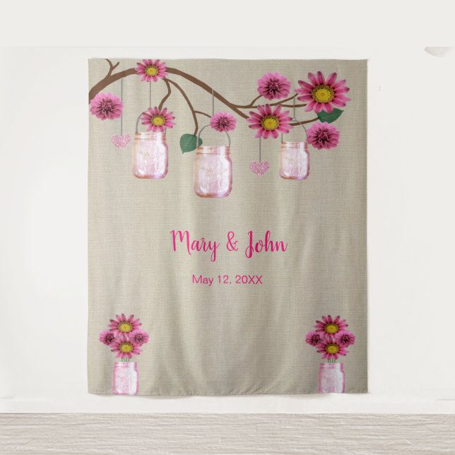 Tenture Fond de photo en toile de jute avec fleurs roses d (Devant)