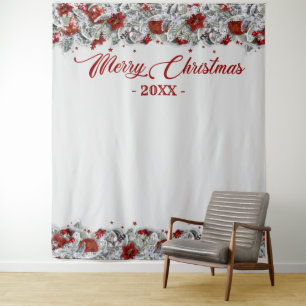 Tenture Fond de photomaton avec houx et poinsettia de Noël