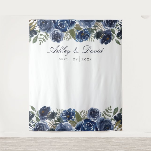 Tenture Fond de photomaton de mariage floral bleu marine (Devant)