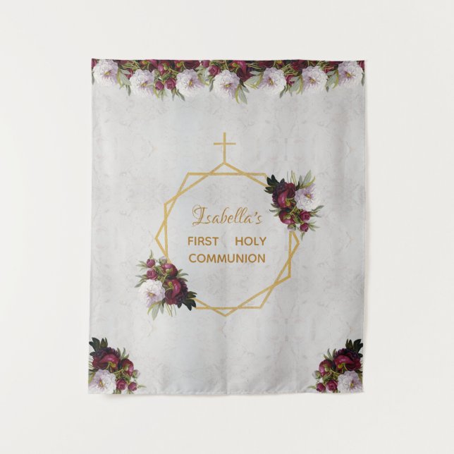 Tenture Fond de première communion fille marbre bordeaux o (Devant)