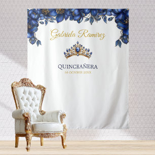 Tenture Fond de Quinceañera Floral Doré Bleu Royal