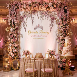 Tenture Fond de Quinceañera Floral Doré Rose Pâle