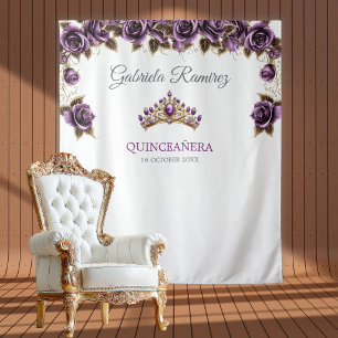 Tenture Fond de Quinceañera Roses Couronne Dorée Violette