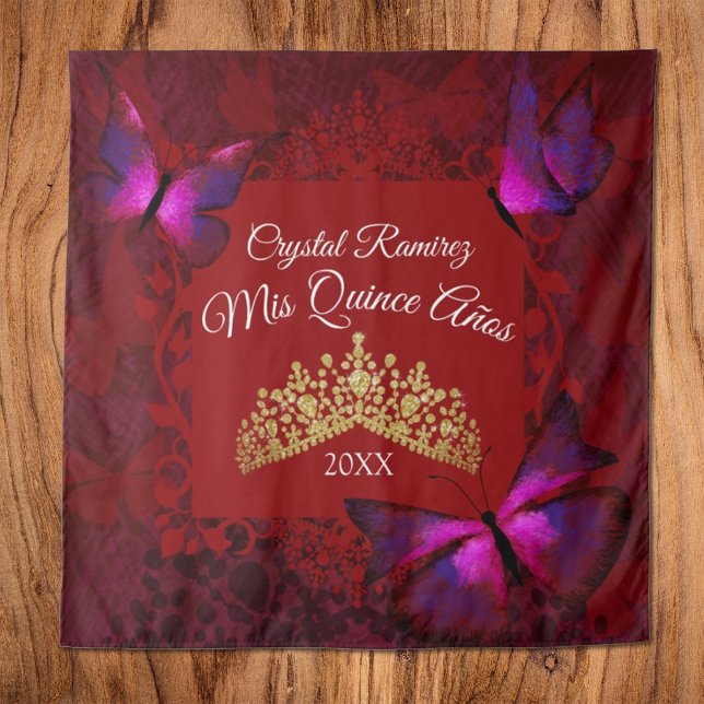 Tenture Fond de quinzième anniversaire papillon rouge et c (Red pink butterflies quinceanera tapestry wall drape, gold tiara crown, red mis quince)