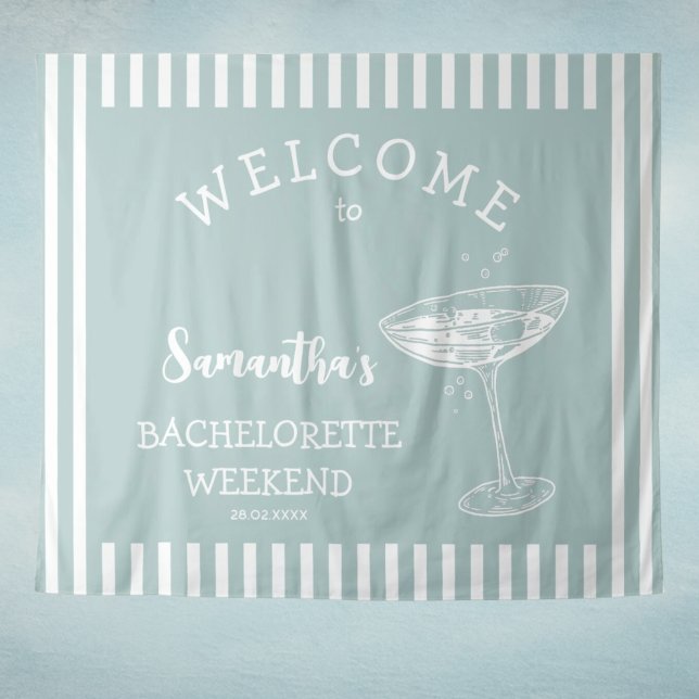 Tenture Fond de scène de fête de bachelorette rétro modern (Coastal Modern Bachelorette Party Backdrop Tapestry in nautical light blue and white stripes )