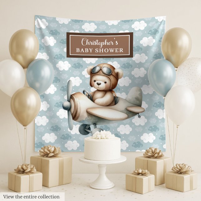 Tenture Fond de scène fantaisiste pour une fête prénatale  (Whimsical teddy bear pilot baby shower backdrop)