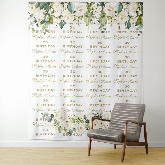 Tenture Fond de scène pour anniversaire à motif floral bla (En situation)