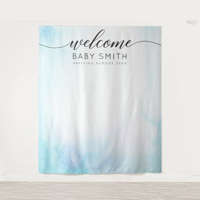 Tenture Fond de scène pour Baby Shower de bienvenue bleu (Devant)