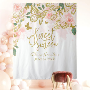 Tenture Fond de scène pour fête Sweet 16 Papillon Rose