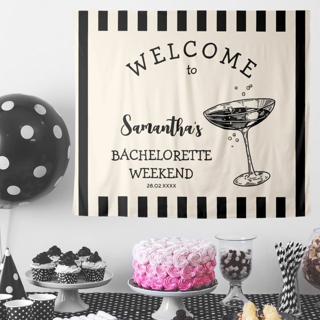 Tenture Fond de toile de fête de Bachelorette rétro Cockta (Retro Stripes Bachelorette Party Backdrop Cocktail Tapestry
black and white)