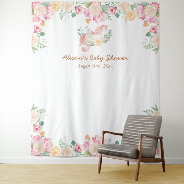 Tenture Fond de toile de fond pour baby shower avec licorn (En situation)