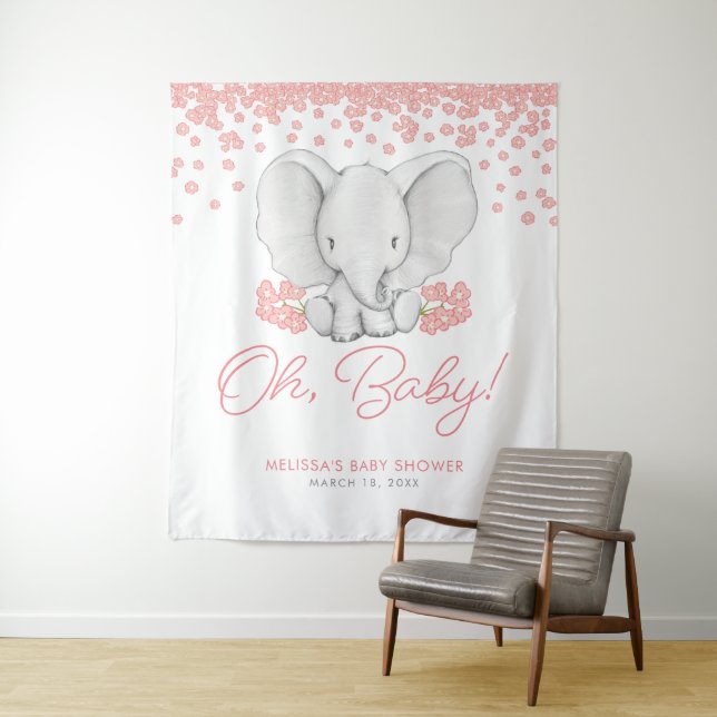 Tenture Fond de toile de fond pour Baby Shower Fille Eléph (En situation)