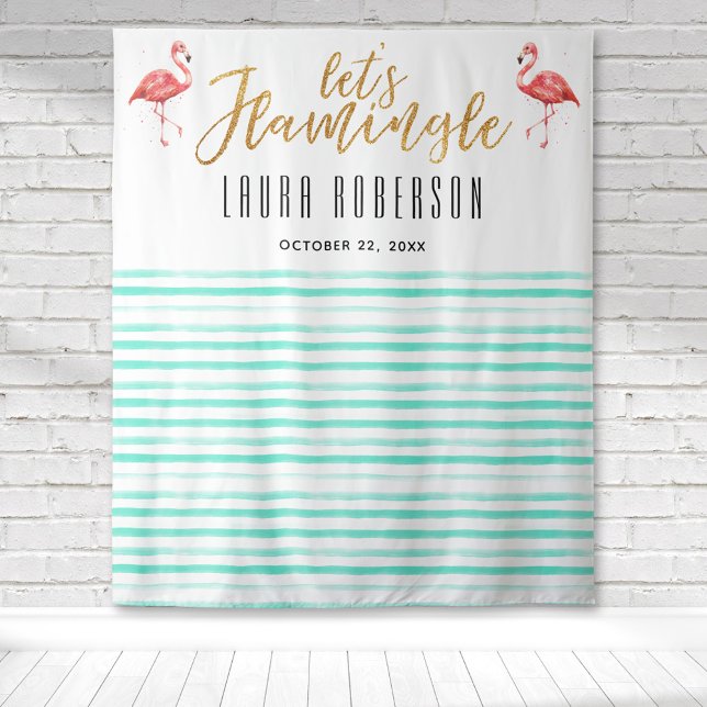 Tenture Fond de toile de mariage rose Flamingle (Pink flamingo teal stripe let's flamingle welcome tapestry great for photo ops and backdrops.)