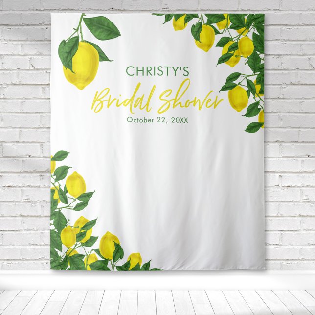 Tenture Fond de toilette de mariage aquarelle au citron (Bright lemon corners with a single lemon creating a beautiful citrus themed bridal shower tapestry)