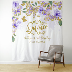 Tenture Fond floral papillons violets pour Quinceanera