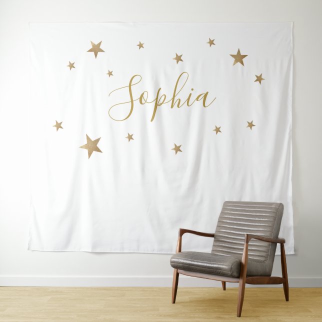 Tenture Fond personnalisé avec nom étoiles dorées (En situation (horizontale))