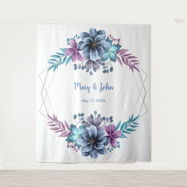 Tenture Fond photographique floral aquarelle bleu et viole (Devant)