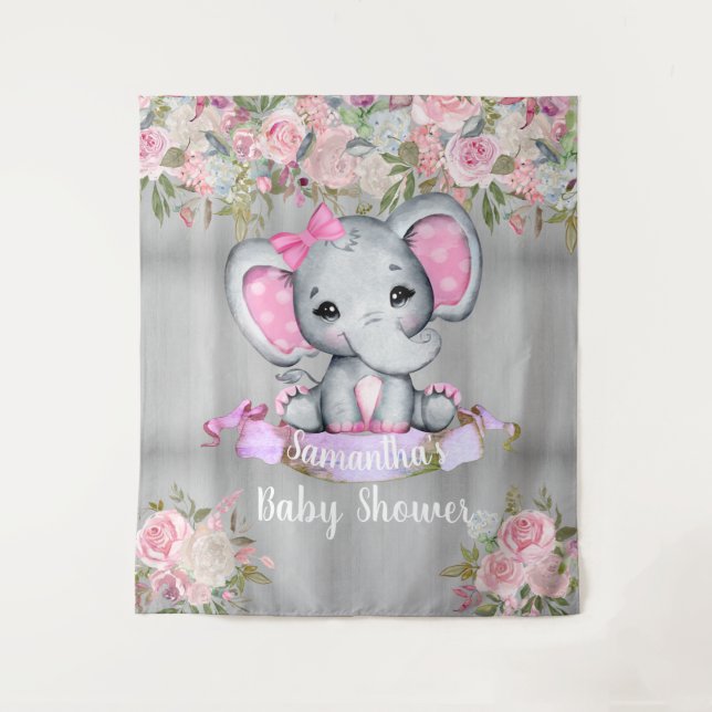 Tenture Fond photographique floral éléphant rose Baby Show (Devant)