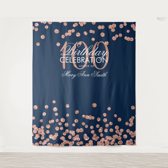 Tenture Fond pour 100e anniversaire Rose Gold Navy Confett (Devant)
