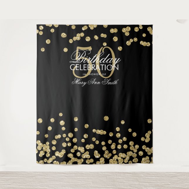 Tenture Fond pour 50e anniversaire Or Noir Confettis (Devant)