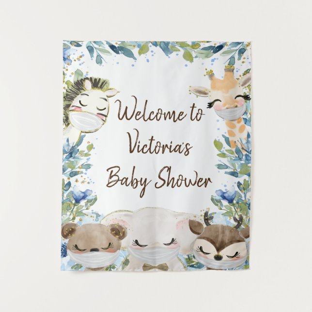 Tenture Fond pour Baby Shower Garçon avec Animaux Masqués (Devant)