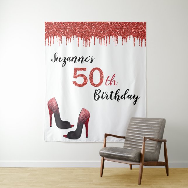 Tenture Fond pour photo fête des 50 ans paillettes rouges (En situation)