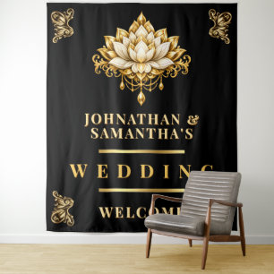 Tenture Fond pour photos de mariage indien Lotus Noir Or