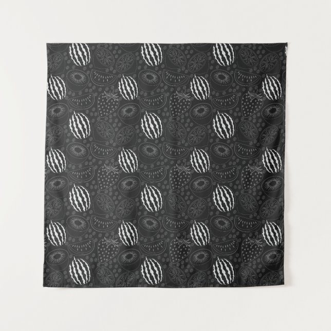 Tenture Fruit sans couture motif noir et blanc Tropical (Devant)