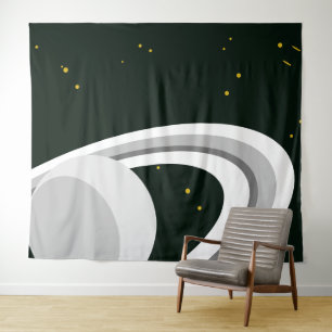 Tenture Fun Grey Blanc Saturne Planète Anneaux Étoiles Esp