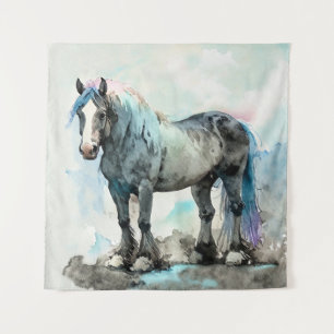 Tenture Gentil Cheval de Trait Shire Aquarelle Bleu