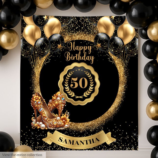 Tenture Glam Gold High Heels 50e Anniversaire bannière (Glam Gold High Heels 50th Birthday Banner Tapestry)